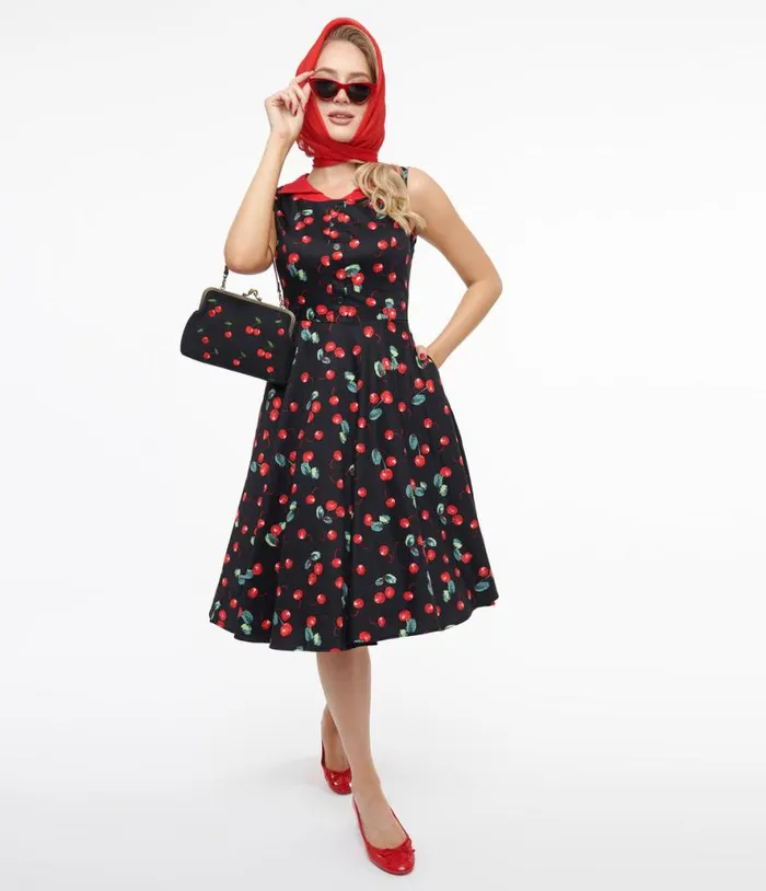 1950s Black Cherry Cotton Swing Dress Dresses Unique Vintage Pocket Dresses