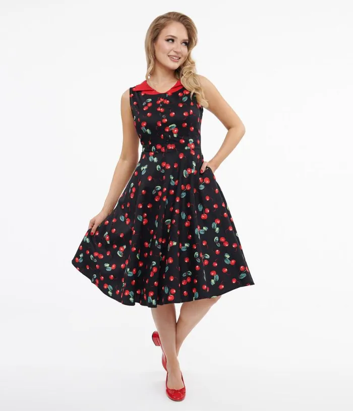 1950s Black Cherry Cotton Swing Dress Dresses Unique Vintage Pocket Dresses