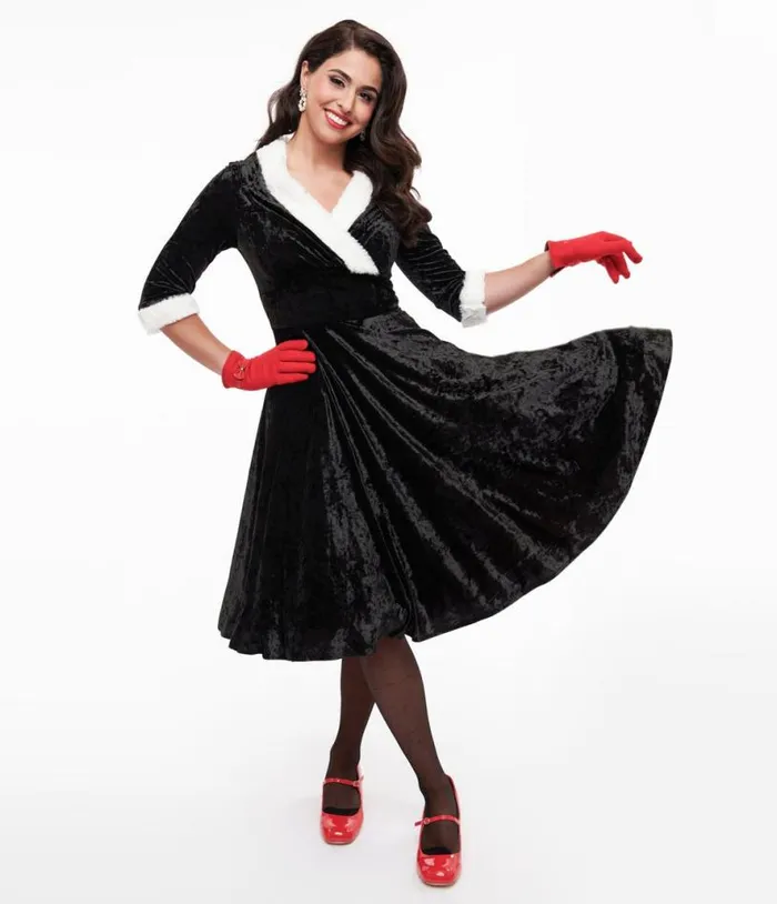 1950s Black Crushed Velvet and White Fur Delores Swing Dress Dresses Unique Vintage Swing 1950s Black Crushed Velvet and White Fur Delores Swing Dress Dresses Unique Vintage Swing