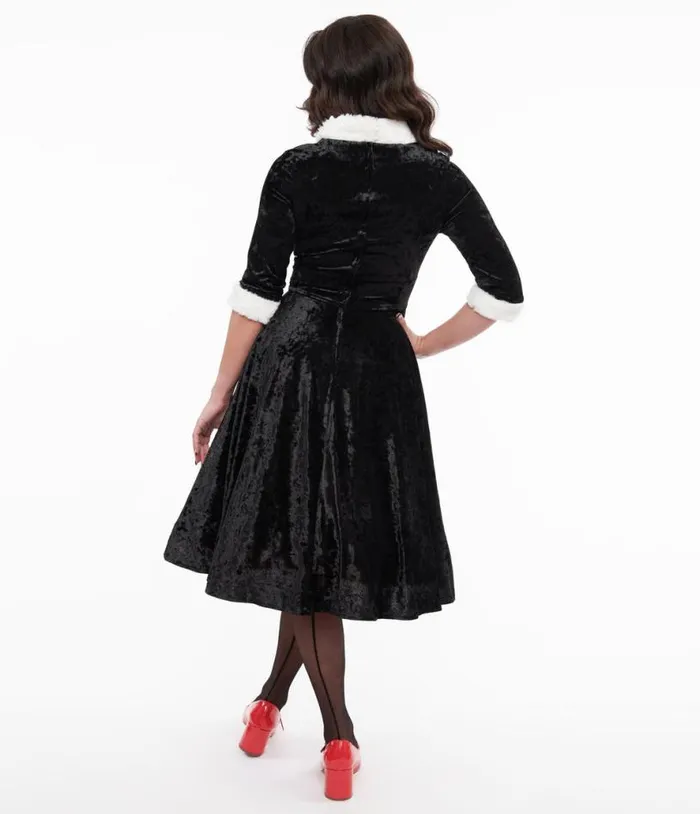 1950s Black Crushed Velvet and White Fur Delores Swing Dress Dresses Unique Vintage Swing