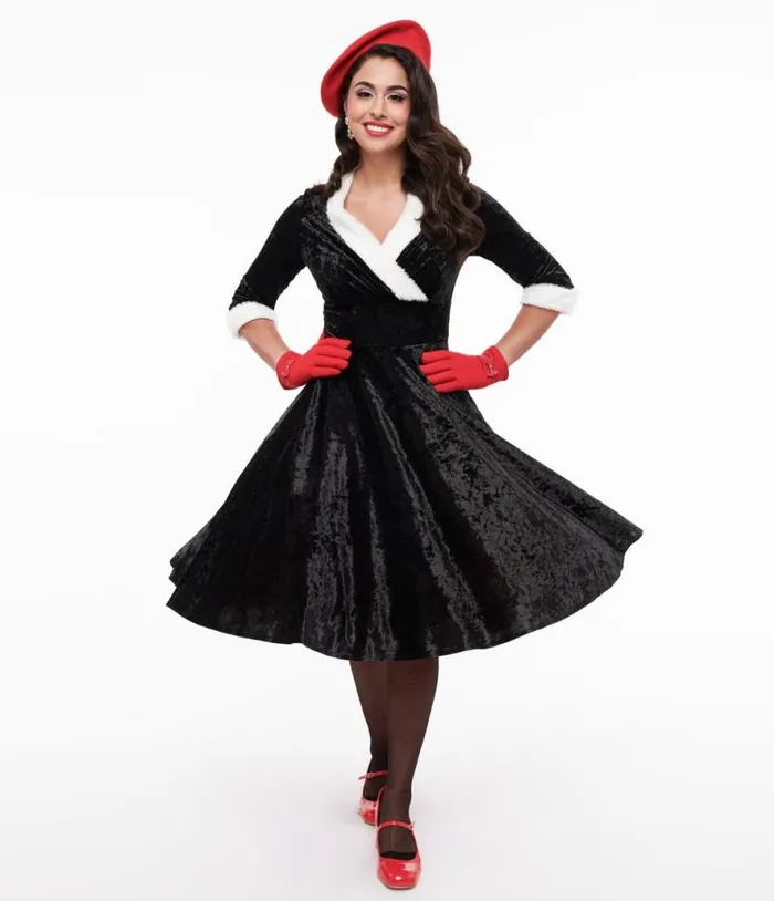 1950s Black Crushed Velvet and White Fur Delores Swing Dress Dresses Unique Vintage Swing