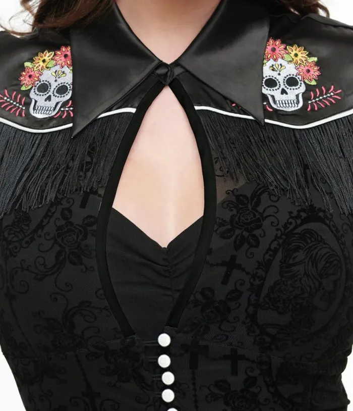 1950s Black Flocked La Caterina Dia De Los Muertos Western Duster Halloween Unique Vintage Tops