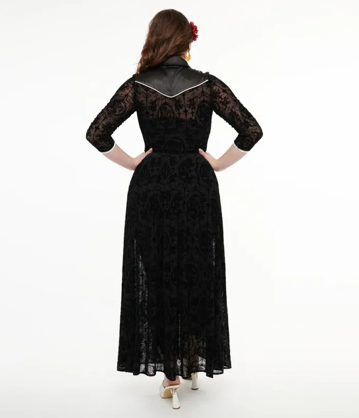1950s Black Flocked La Caterina Dia De Los Muertos Western Duster Halloween Unique Vintage Tops