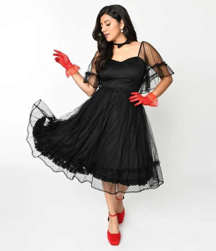 1950s Black Ruffle Sweetheart Swing Dress Dresses Unique Vintage Swing