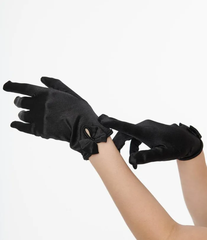 1950s Black Satin Bow Gloves Accessories Unique Vintage Gloves and Scarves