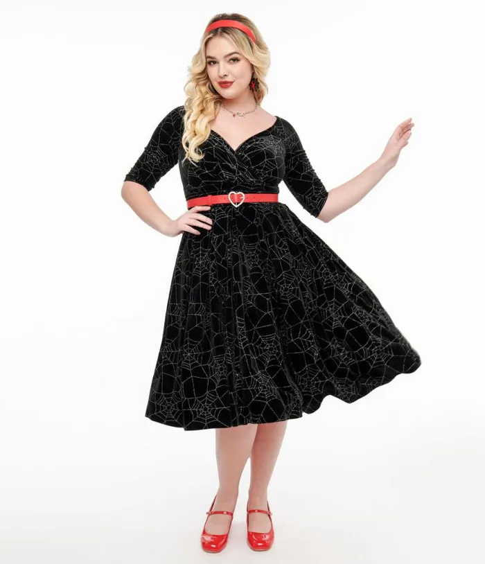 1950s Black Velvet and Silver Spiderweb Marceline Swing Dress DressesHalloween Unique Vintage Pocket Dresses 1950s Black Velvet and Silver Spiderweb Marceline Swing Dress DressesHalloween Unique Vintage Pocket Dresses