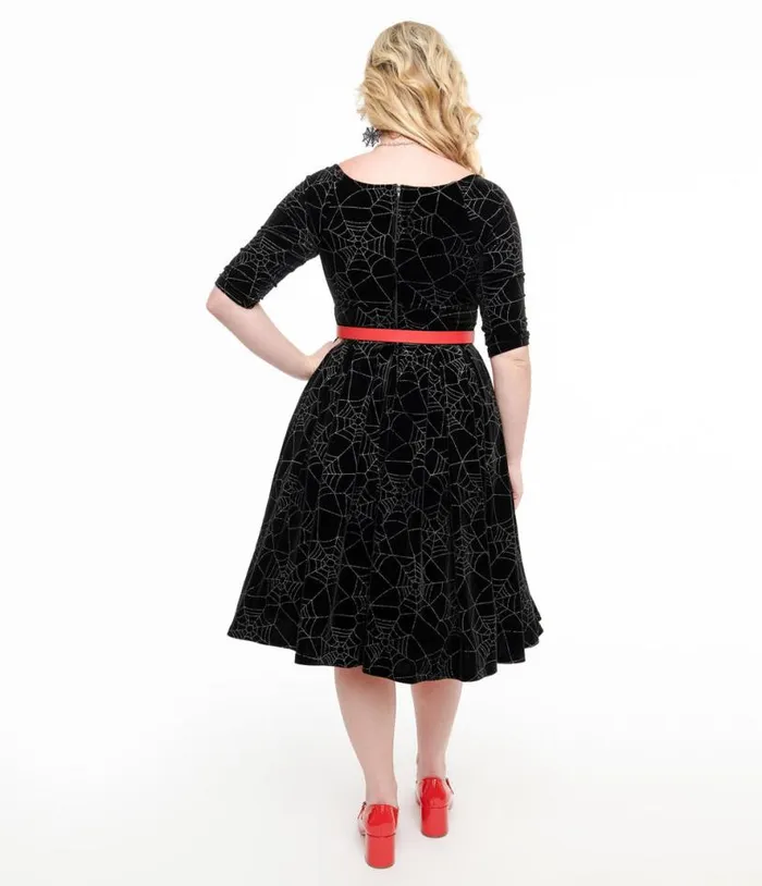 1950s Black Velvet and Silver Spiderweb Marceline Swing Dress DressesHalloween Unique Vintage Pocket Dresses