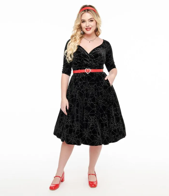 1950s Black Velvet and Silver Spiderweb Marceline Swing Dress DressesHalloween Unique Vintage Pocket Dresses