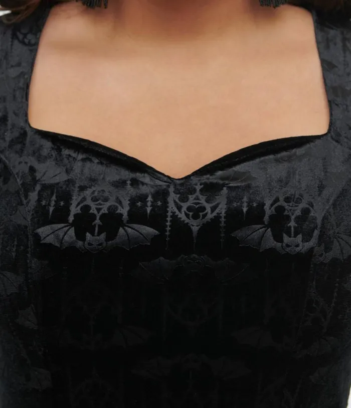 1950s Black Velvet Bat Print Fit and Flare Dress DressesHalloween Unique Vintage Pocket Dresses