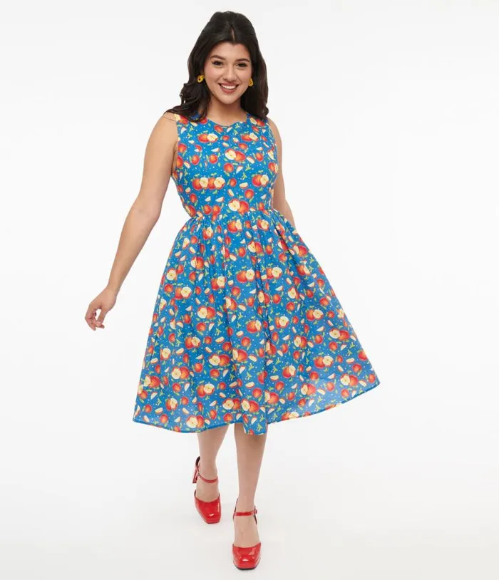 1950s Blue and Red Apple Print Cotton Swing Dress Dresses Unique Vintage Pocket Dresses 1950s Blue and Red Apple Print Cotton Swing Dress Dresses Unique Vintage Pocket Dresses