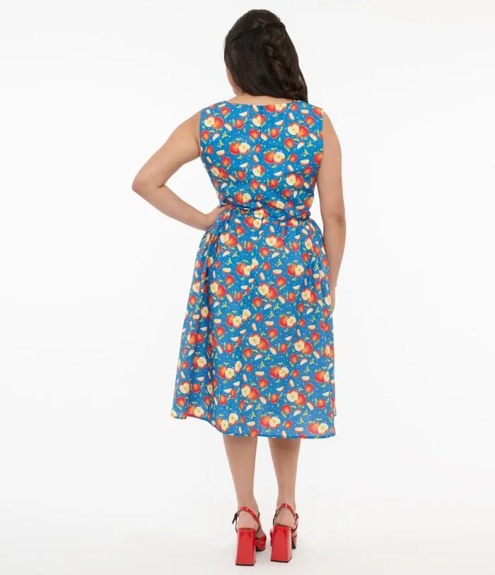 1950s Blue and Red Apple Print Cotton Swing Dress Dresses Unique Vintage Pocket Dresses
