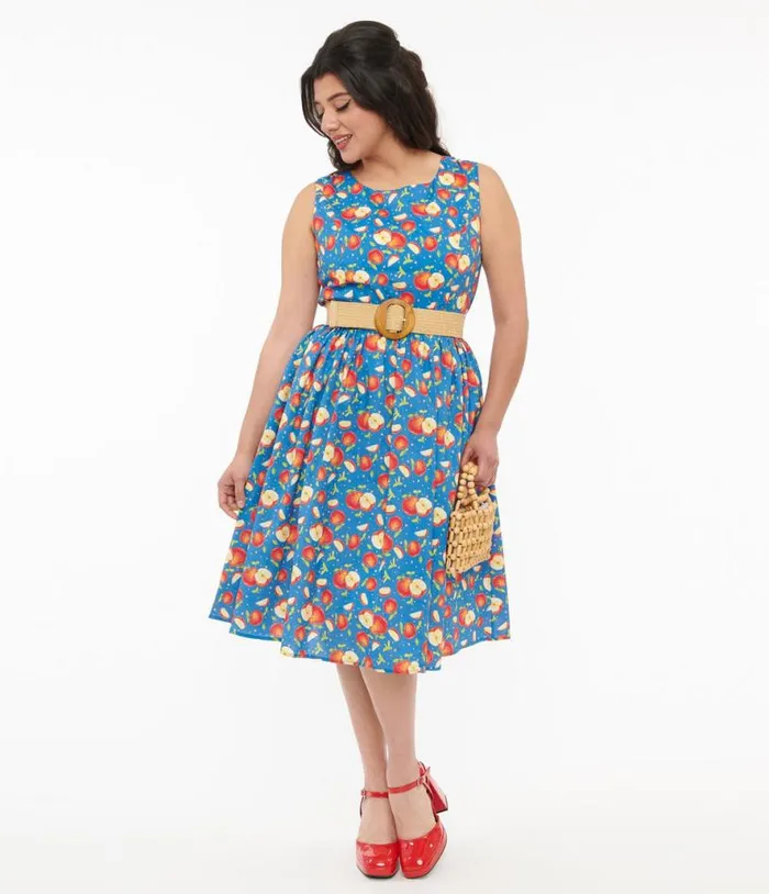 1950s Blue and Red Apple Print Cotton Swing Dress Dresses Unique Vintage Pocket Dresses
