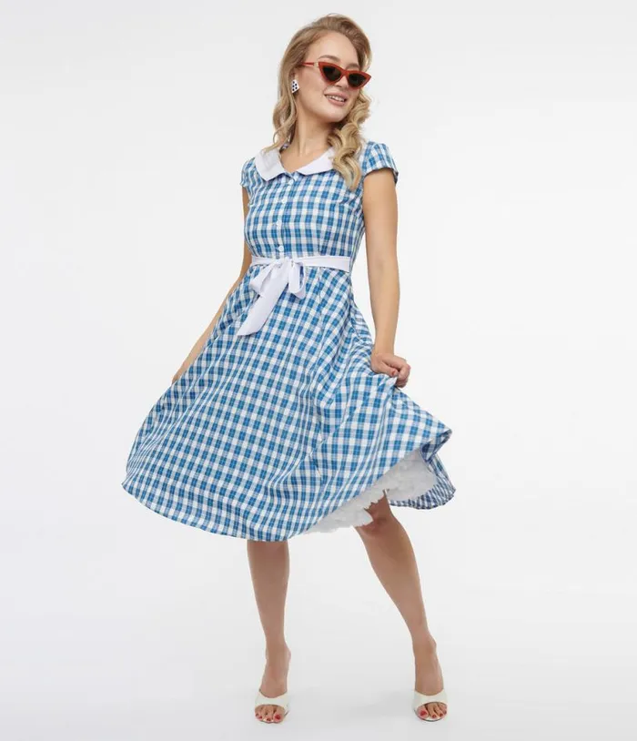1950s Blue and White Plaid Swing Dress Dresses Unique Vintage Pocket Dresses