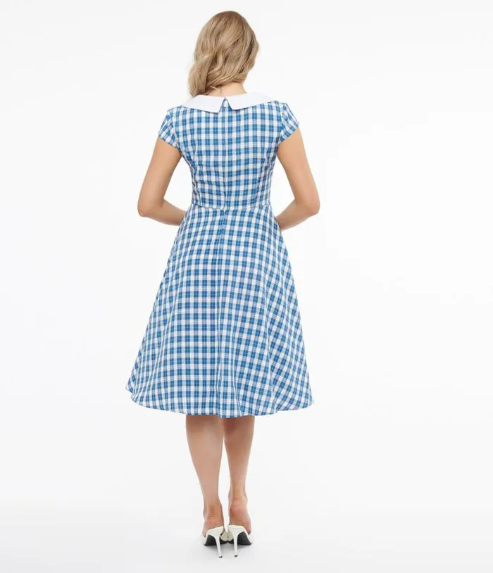 1950s Blue and White Plaid Swing Dress Dresses Unique Vintage Pocket Dresses