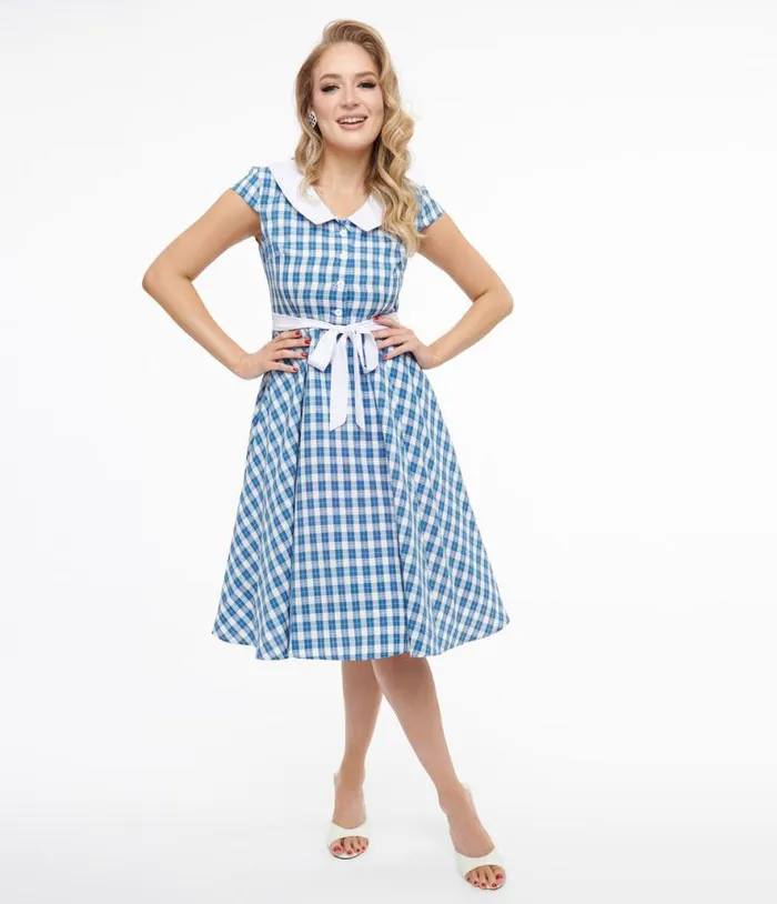 1950s Blue and White Plaid Swing Dress Dresses Unique Vintage Pocket Dresses