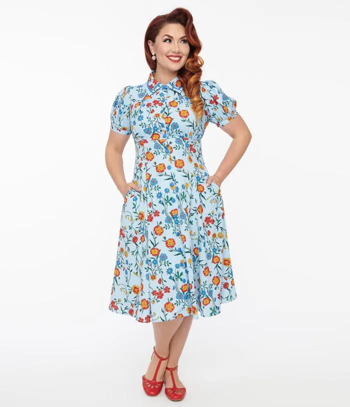 1950s Blue Floral Fit and Flare Dress Dresses Unique Vintage Fit and Flare