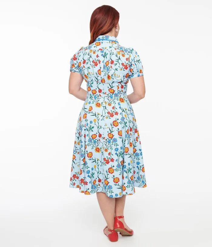1950s Blue Floral Fit and Flare Dress Dresses Unique Vintage Fit and Flare