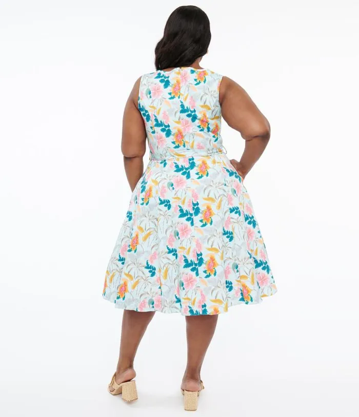 1950s Blue Tropical Holiday Cotton Hepburn Swing Dress DressesPlus Unique Vintage Pocket Dresses
