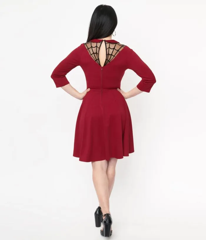 1950s Burgundy Spiderweb Endora Fit and Flare Dress DressesHalloween Unique Vintage Dresses
