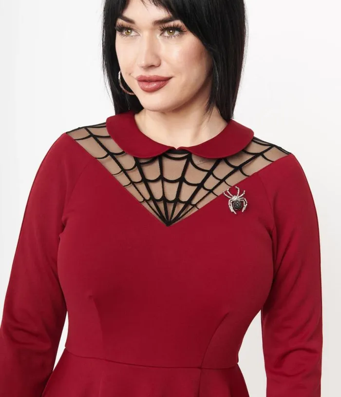 1950s Burgundy Spiderweb Endora Fit and Flare Dress DressesHalloween Unique Vintage Dresses