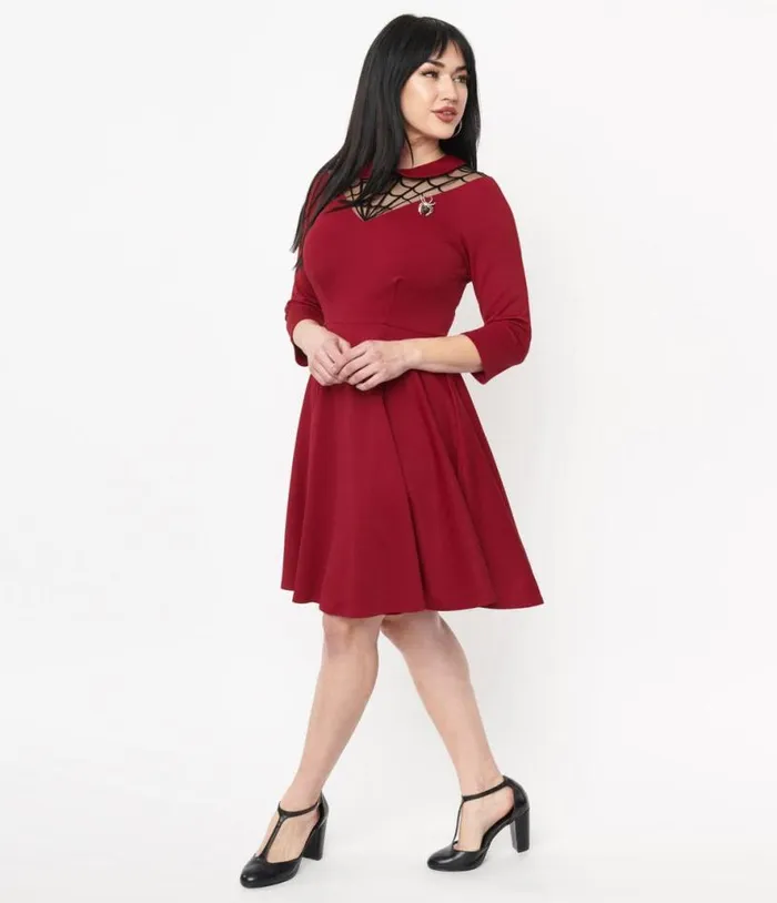 1950s Burgundy Spiderweb Endora Fit and Flare Dress DressesHalloween Unique Vintage Dresses