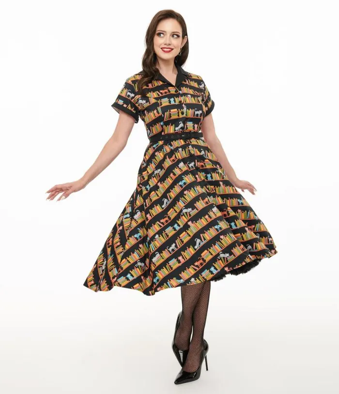 1950s Cat and Bookshelf Print Alexis Swing Dress Dresses Unique Vintage Pocket Dresses 1950s Cat and Bookshelf Print Alexis Swing Dress Dresses Unique Vintage Pocket Dresses