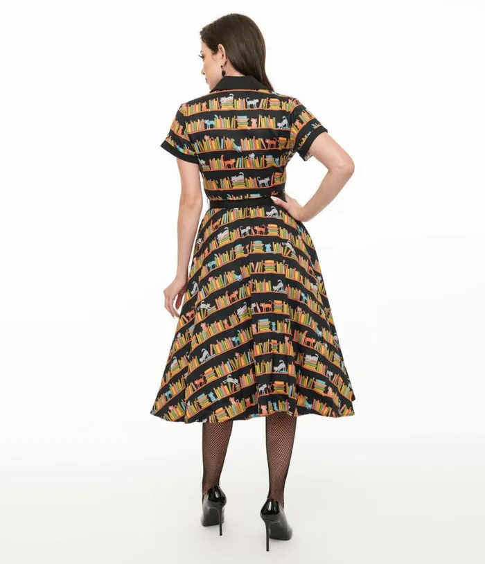 1950s Cat and Bookshelf Print Alexis Swing Dress Dresses Unique Vintage Pocket Dresses