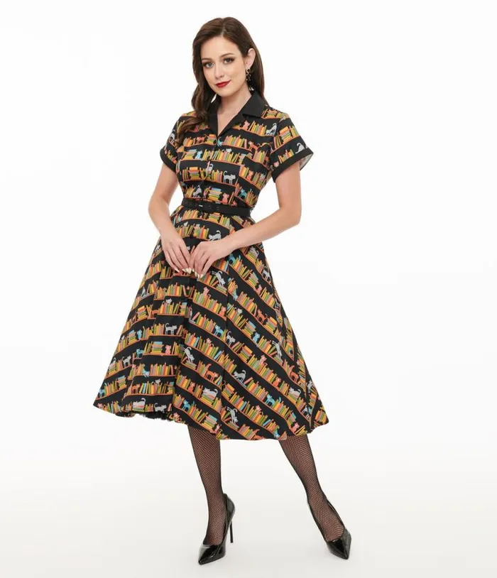 1950s Cat and Bookshelf Print Alexis Swing Dress Dresses Unique Vintage Pocket Dresses