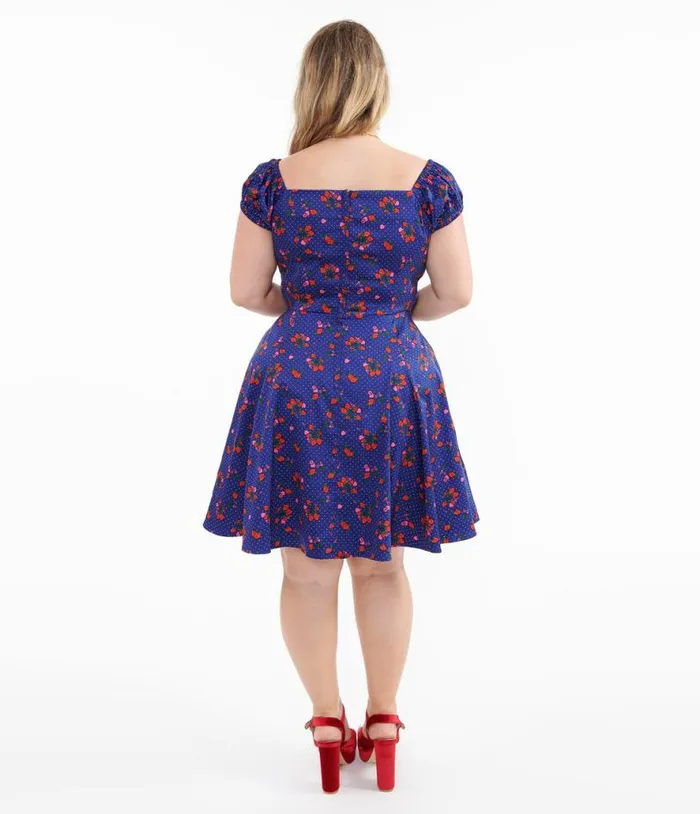 1950s Collectif Plus Size Blue and Mixed Berries Print Dolores Mini Dress DressesPlus Unique Vintage Pocket Dresses