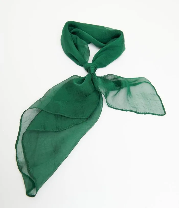 1950s Dark Green Chiffon Hair Scarf Accessories Unique Vintage Gloves and Scarves