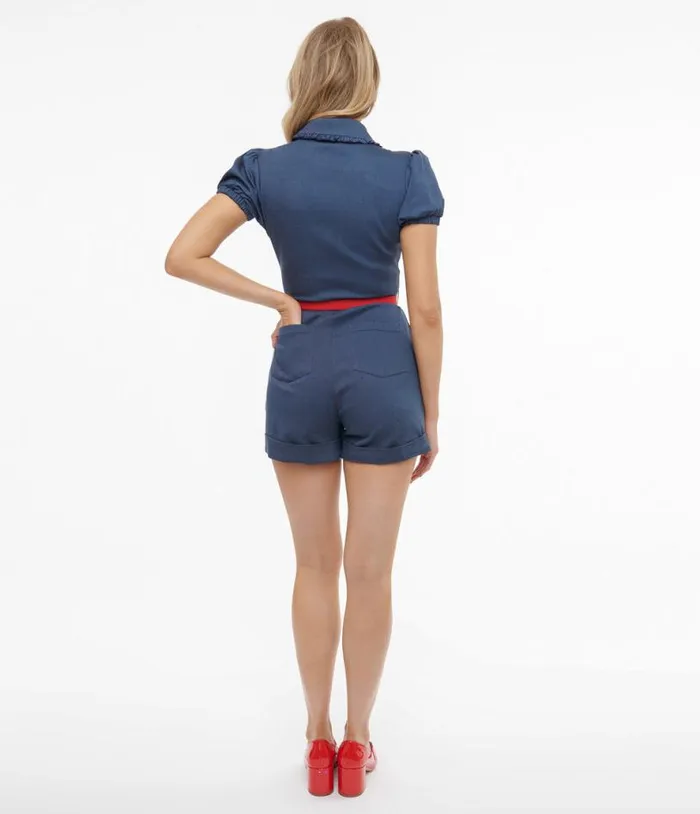 1950s Denim Bengaline Belted Romper Clothing Unique Vintage Rompers and Jumpsuits