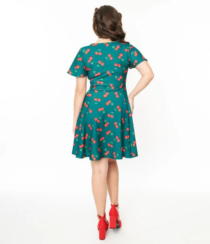 1950s Emerald and Cherry Print Poppy Flare Dress Dresses Unique Vintage Pocket Dresses