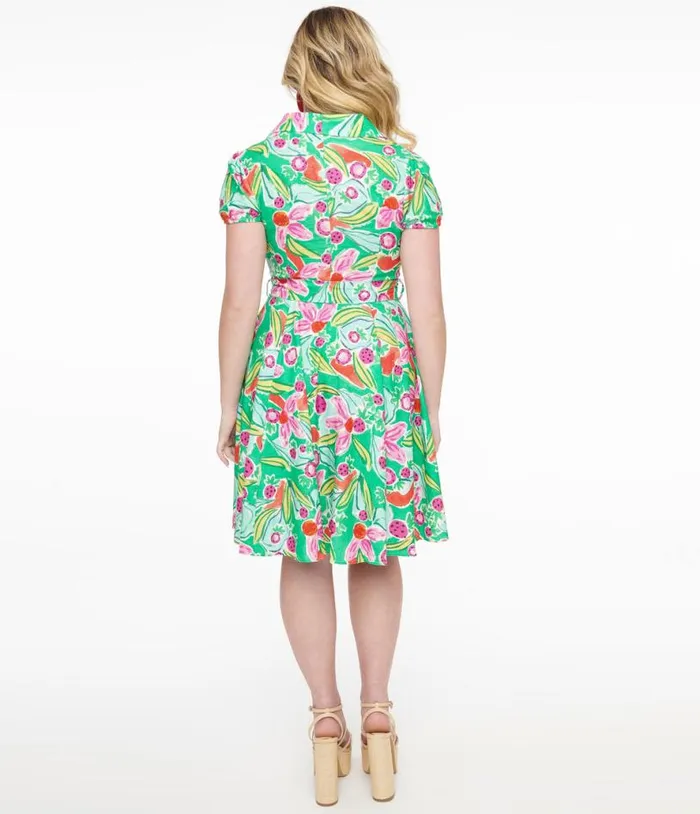 1950s Green and Pink Berry Bloom Print Monroe Fit and Flare Dress Dresses Unique Vintage Pocket Dresses