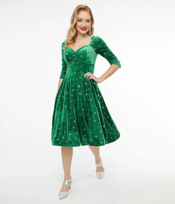 1950s Green and Silver Snowflake Velvet Lamar Swing Dress Dresses Unique Vintage Swing 1950s Green and Silver Snowflake Velvet Lamar Swing Dress Dresses Unique Vintage Swing