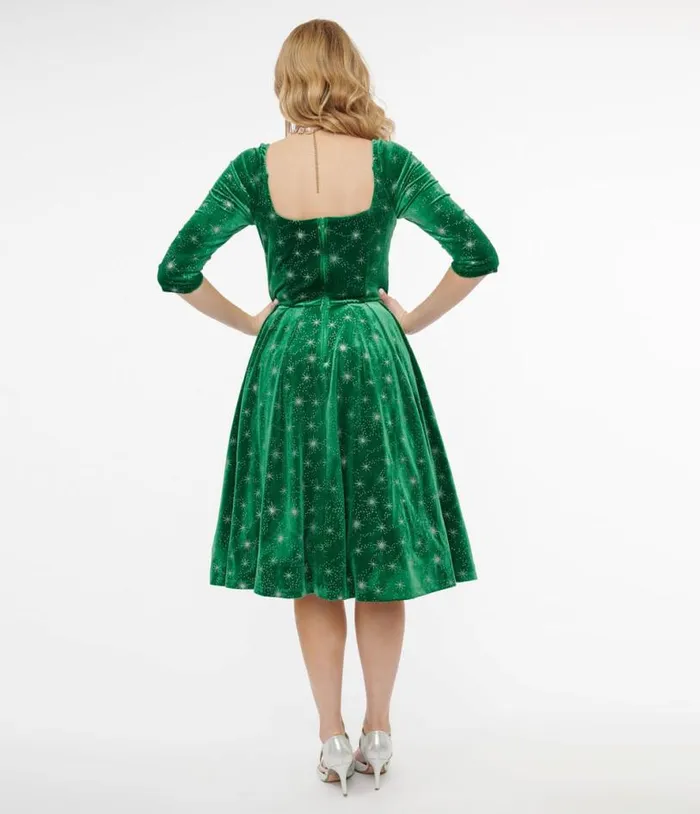 1950s Green and Silver Snowflake Velvet Lamar Swing Dress Dresses Unique Vintage Swing