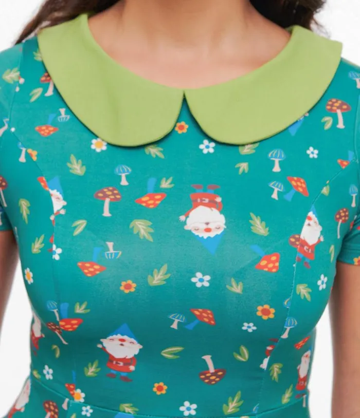 1950s Green Gnome Print Fit and Flare Dress Dresses Unique Vintage Fit and Flare