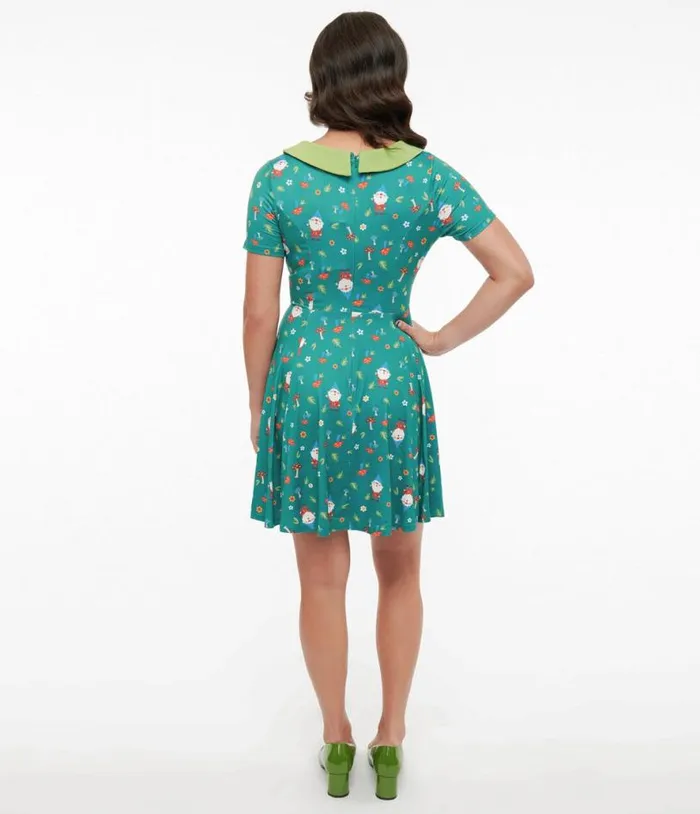 1950s Green Gnome Print Fit and Flare Dress Dresses Unique Vintage Fit and Flare