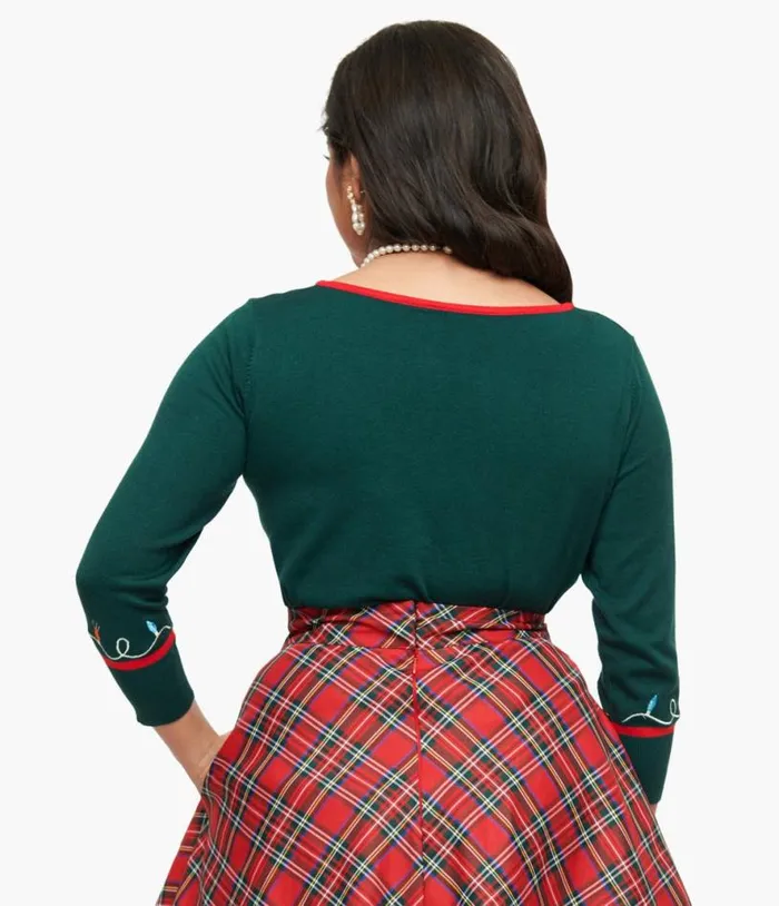 1950s Green Holiday Lights Crop Cardigan Clothing Unique Vintage Sweaters and Cardigans