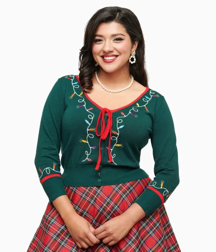 1950s Green Holiday Lights Crop Cardigan Clothing Unique Vintage Sweaters and Cardigans