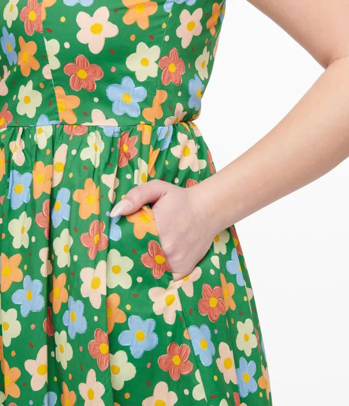 1950s Green Retro Floral Cotton Fit and Flare Dress Dresses Unique Vintage Pocket Dresses
