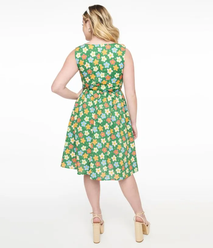 1950s Green Retro Floral Cotton Fit and Flare Dress Dresses Unique Vintage Pocket Dresses