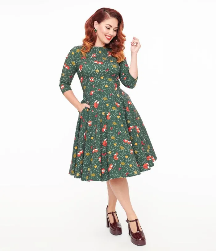 1950s Green Winter Fox Devon Swing Dress Dresses Unique Vintage Pocket Dresses