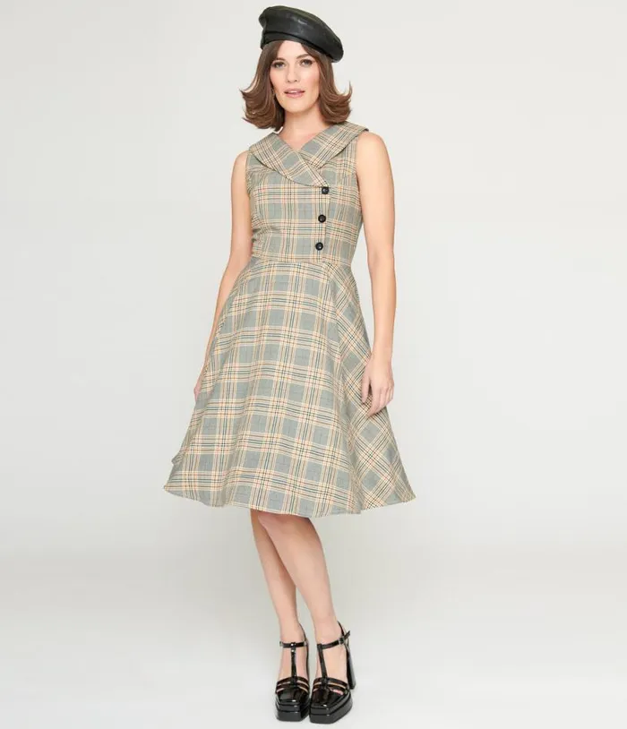 1950s Grey Plaid Swing Dress DressesPlus Unique Vintage Pocket Dresses