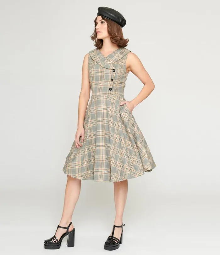 1950s Grey Plaid Swing Dress DressesPlus Unique Vintage Pocket Dresses