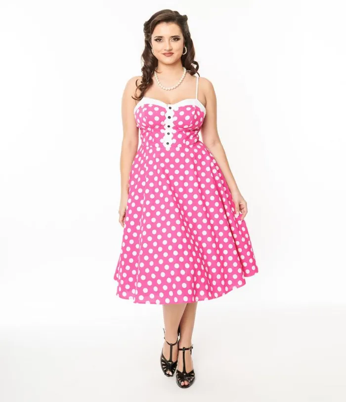 1950s Hot Pink and White Polka Dot Cotton Swing Dress Dresses Unique Vintage Swing 1950s Hot Pink and White Polka Dot Cotton Swing Dress Dresses Unique Vintage Swing