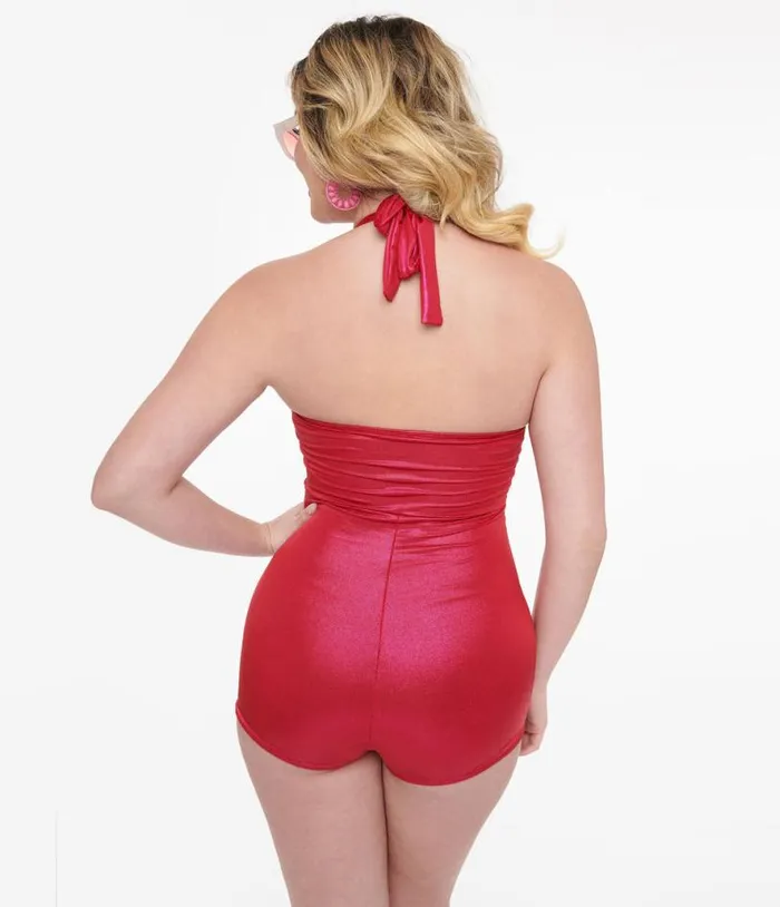 1950s Hot Pink Sparkle Bow Romper Swimsuit Plus Unique Vintage One Piece Swim