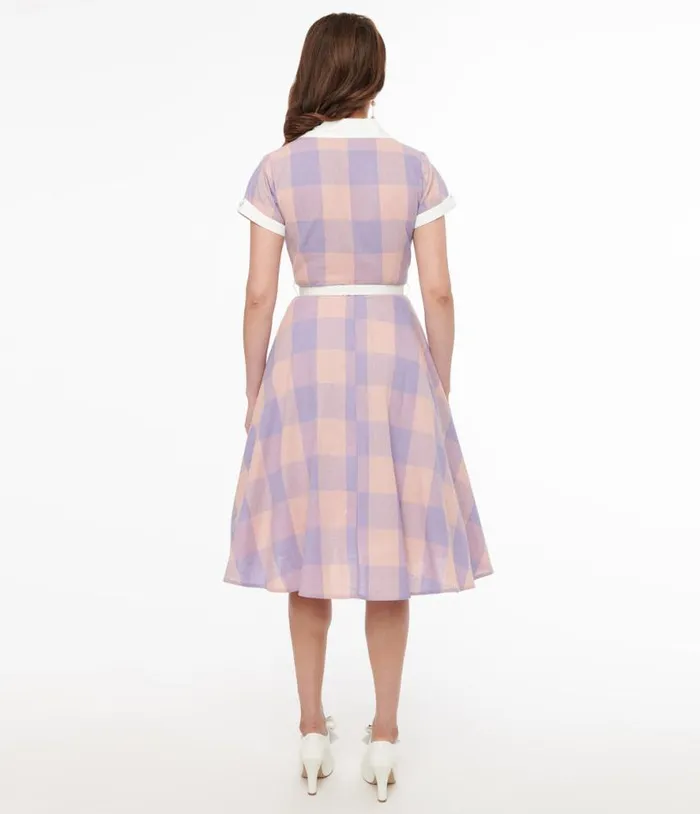 1950s Lavender and Pink Gingham Cotton Alexis Swing Dress Dresses Unique Vintage Pocket Dresses