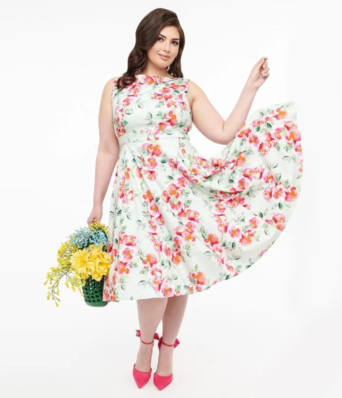 1950s Mint Green and Pink Floral Print Cotton Marissa Swing Dress DressesPlus Unique Vintage Pocket Dresses 1950s Mint Green and Pink Floral Print Cotton Marissa Swing Dress DressesPlus Unique Vintage Pocket Dresses