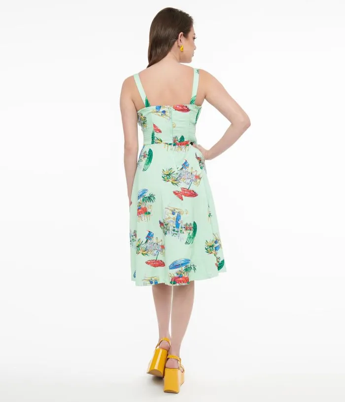 1950s Mint Green Le Parisian Cafe Print Shellie Swing Dress DressesPlus Unique Vintage Pocket Dresses