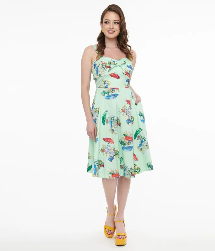 1950s Mint Green Le Parisian Cafe Print Shellie Swing Dress DressesPlus Unique Vintage Pocket Dresses
